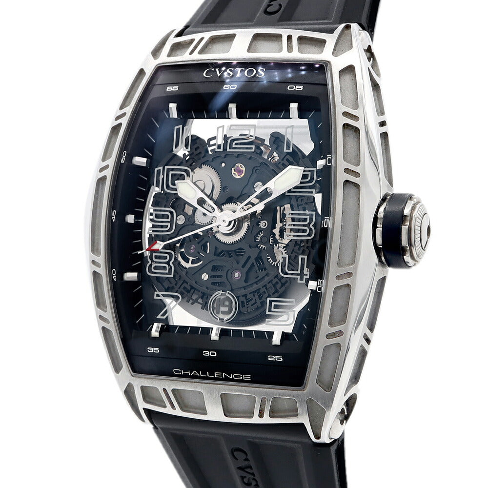 内部点検済 CVSTOS クストス チャレンジ ジェットライナー CVT-JET-SL ST デイト スケルトン 黒 ブラック SS ステンレス 純正ベルト 純正尾錠 メンズ 自動巻き【6ヶ月保証】【腕時計】【中古】