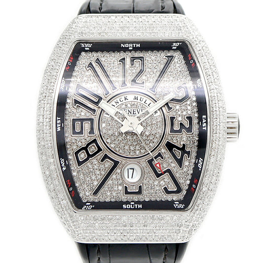 FRANCK MULLER フランクミュラー ヴァンガード ダイヤベゼル ダイヤ文字盤 V41SCDT ダイヤモンド デイト SS ステンレス 純正ベルト 純正バックル尾錠 アフターダイヤ メンズ 自動巻き【6ヶ月保証】【中古】【腕時計】