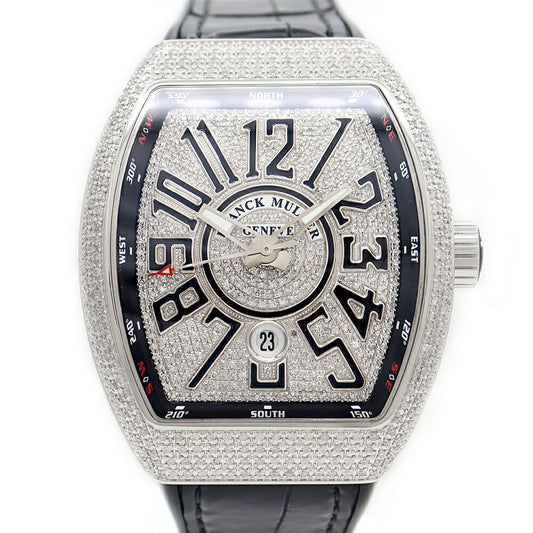 フランクミュラー ヴァンガード アフターダイヤ FRANCK MULLER フランクミュラー ヴァンガード ダイヤベゼル ダイヤ文字盤 V45SCDT ACNR ダイヤモンド デイト SS ステンレス 純正ベルト 純正バックル尾錠 アフターダイヤ メンズ 自動巻き【6ヶ月保証】【中古】【腕時計】