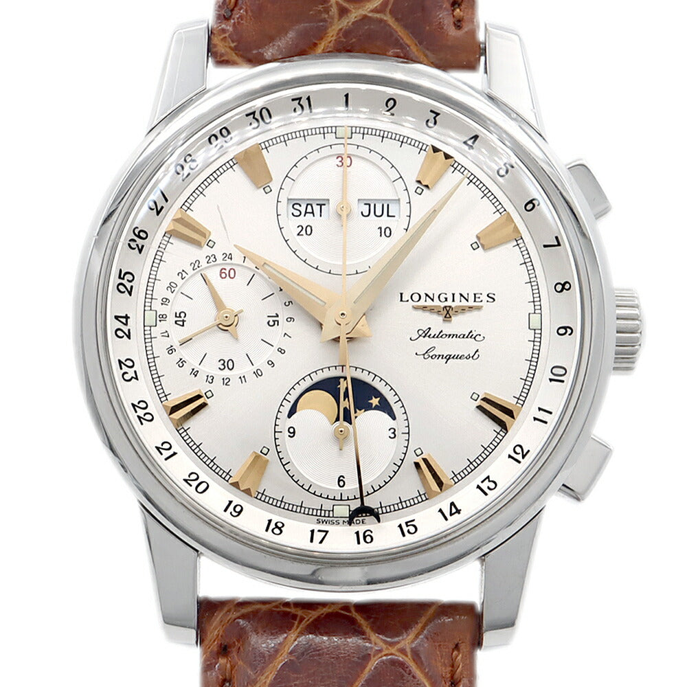 LONGINES ロンジン コンクエスト クロノグラフ L1.642.4.77.3 トリプルカレンダー ムーンフェイズ シルバー SS ステンレス メンズ 純正ベルト 純正尾錠 自動巻き【6ヶ月保証】【腕時計】【中古】