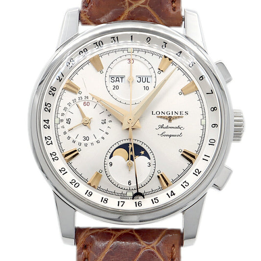 LONGINES ロンジン コンクエスト クロノグラフ L1.642.4.77.3 トリプルカレンダー ムーンフェイズ シルバー SS ステンレス メンズ 純正ベルト 純正尾錠 自動巻き【6ヶ月保証】【腕時計】【中古】
