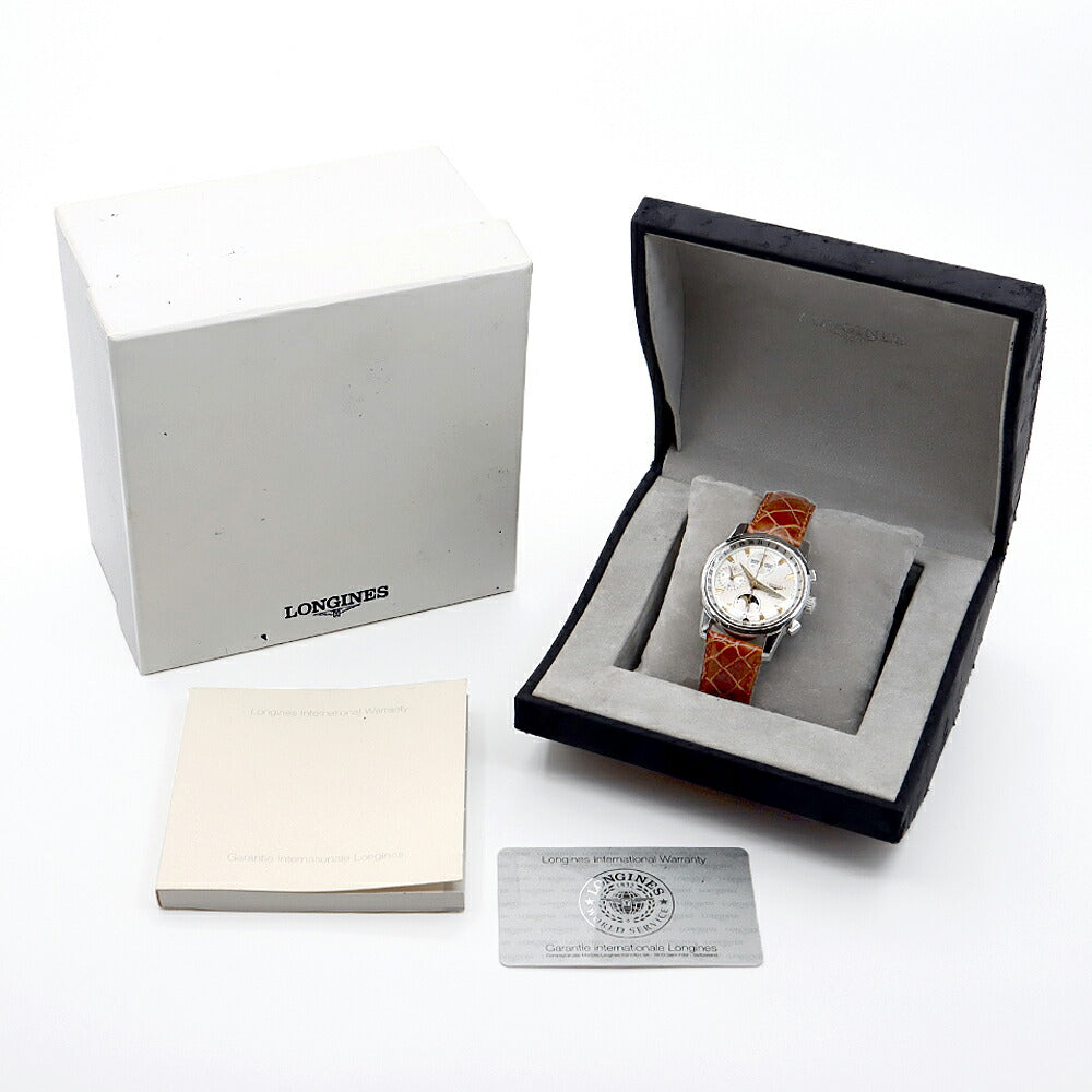 LONGINES ロンジン コンクエスト クロノグラフ L1.642.4.77.3 トリプルカレンダー ムーンフェイズ シルバー SS ステンレス メンズ 純正ベルト 純正尾錠 自動巻き【6ヶ月保証】【腕時計】【中古】