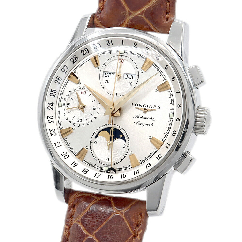 LONGINES ロンジン コンクエスト クロノグラフ L1.642.4.77.3 トリプルカレンダー ムーンフェイズ シルバー SS ステンレス メンズ 純正ベルト 純正尾錠 自動巻き【6ヶ月保証】【腕時計】【中古】
