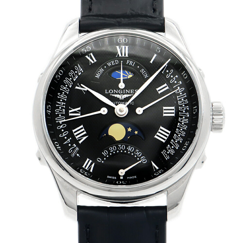 内部点検済 LONGINES ロンジン マスターコレクション L2.738.4.51.7 ムーンフェイズ レトログラード デイデイト 裏スケ 30m防水 黒 ブラック SS ステンレス 純正尾錠 メンズ 自動巻き【6ヶ月保証】【腕時計】【中古】