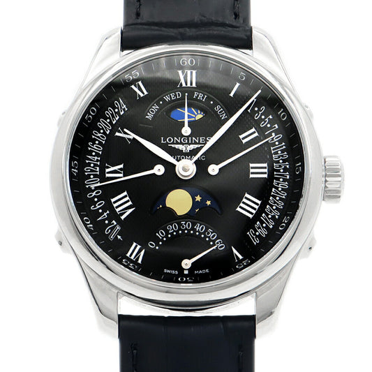 内部点検済 LONGINES ロンジン マスターコレクション L2.738.4.51.7 ムーンフェイズ レトログラード デイデイト 裏スケ 30m防水 黒 ブラック SS ステンレス 純正尾錠 メンズ 自動巻き【6ヶ月保証】【腕時計】【中古】