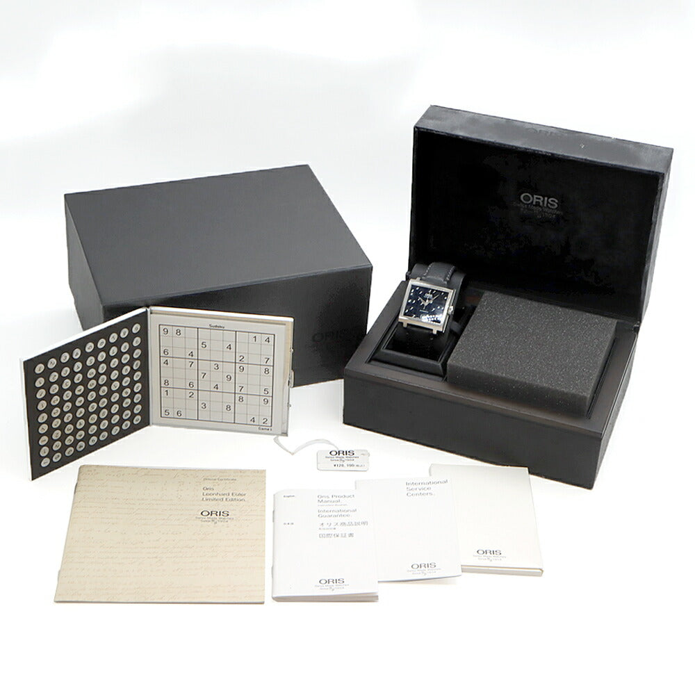 内部点検済 ORIS オリス レオンハルト オイラー リミテッドエディション 世界1707本限定 01 733 7600 4084 デイト 50m防水 黒 ブラック SS ステンレス 純正ベルト 純正尾錠 メンズ 自動巻き【6ヶ月保証】【腕時計】【中古】