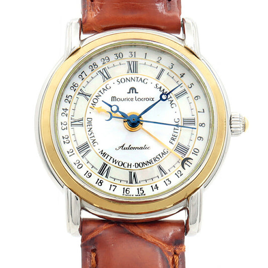 MAURICE LACROIX モーリスラクロア マスターピース ファイブハンズ 27294 デイデイト 50m防水 裏スケ 白 ホワイトシェル YGP イエローゴールド SS ステンレス 純正ベルト 純正尾錠 メンズ 自動巻き【6ヶ月保証】【腕時計】【中古】
