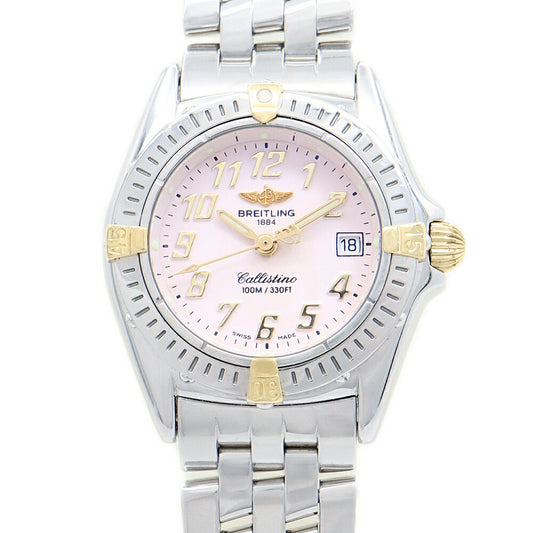 電池交換済 BREITLING ブライトリング カリスティーノ B52345 デイト 100m防水 ピンク YGP イエローゴールド SS ステンレス コンビ レディース クォーツ【6ヶ月保証】【腕時計】【中古】