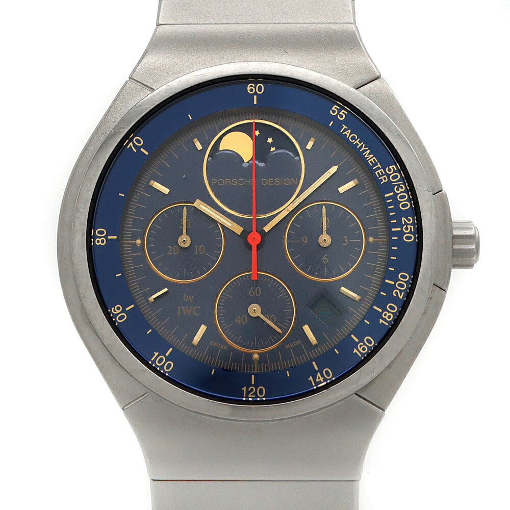 電池交換済 PORSCHE DESIGN By IWC ポルシェデザイン クロノグラフ IW374501 デイト ムーンフェイズ ネイビー Ti チタン メンズ クォーツ【6ヶ月保証】【腕時計】【中古】