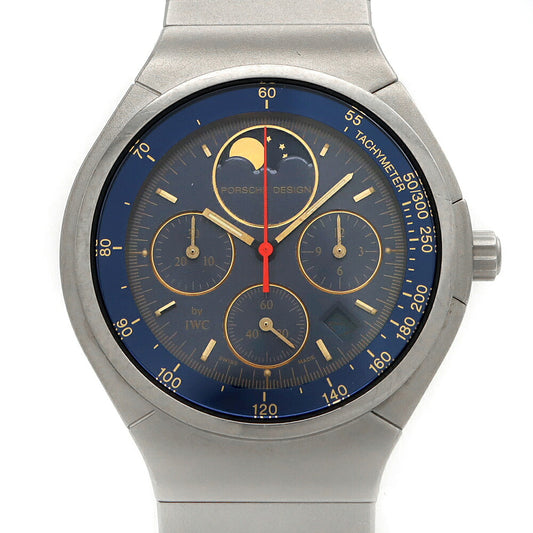 電池交換済 PORSCHE DESIGN By IWC ポルシェデザイン クロノグラフ IW374501 デイト ムーンフェイズ ネイビー Ti チタン メンズ クォーツ【6ヶ月保証】【腕時計】【中古】