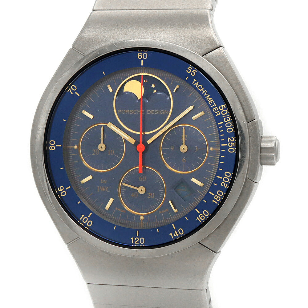 電池交換済 PORSCHE DESIGN By IWC ポルシェデザイン クロノグラフ IW374501 デイト ムーンフェイズ ネイビー Ti チタン メンズ クォーツ【6ヶ月保証】【腕時計】【中古】