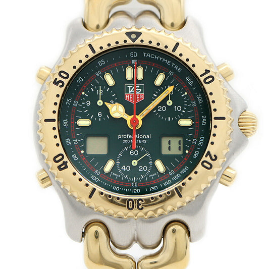 電池交換済 TAG Heuer タグホイヤー S/el セル プロフェッショナル クロノグラフ CG1124 デイト 200m防水 グリーン SS ステンレス YGP イエローゴールド コンビ メンズ デジアナ クォーツ【6ヶ月保証】【腕時計】【中古】