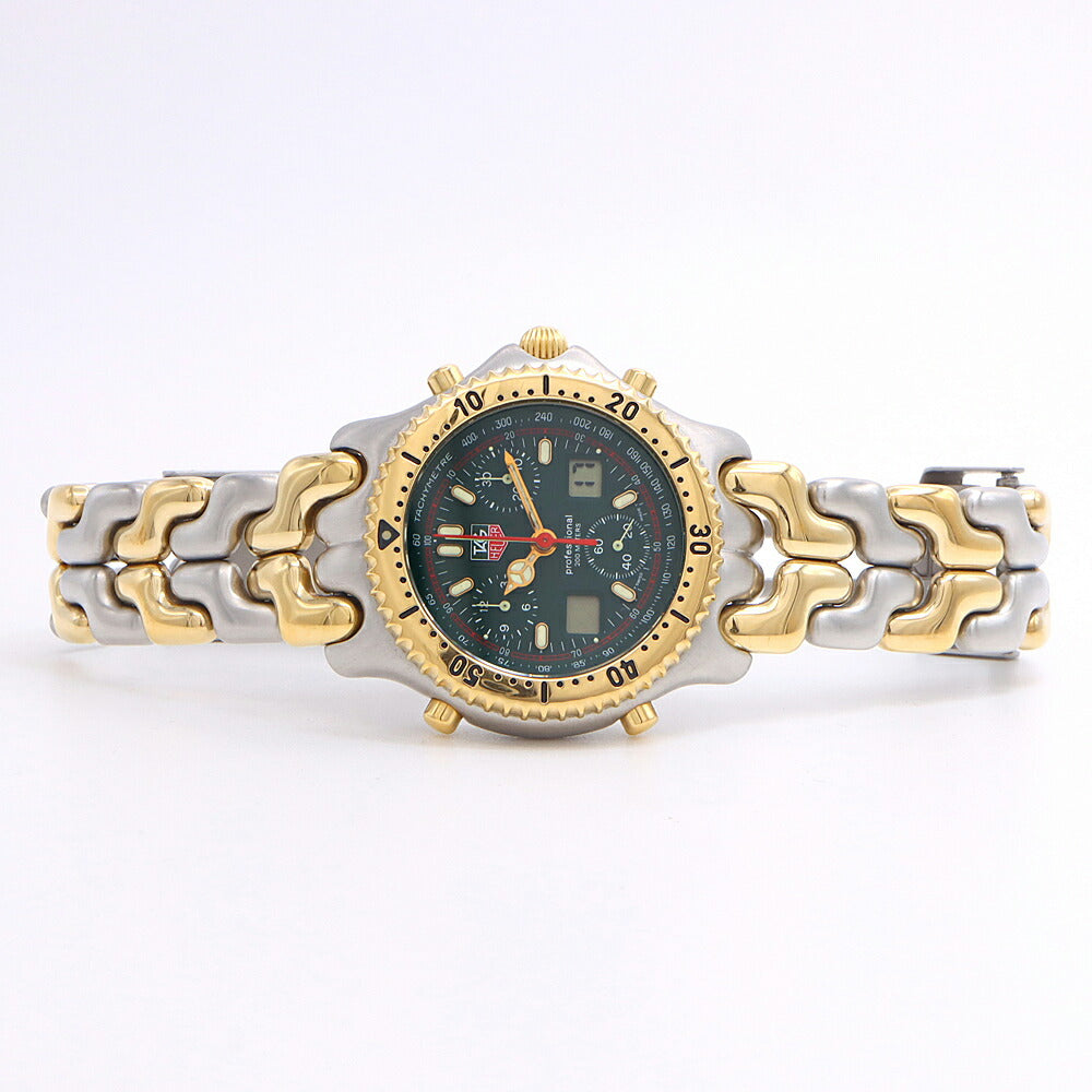 電池交換済 TAG Heuer タグホイヤー S/el セル プロフェッショナル クロノグラフ CG1124 デイト 200m防水 グリーン SS ステンレス YGP イエローゴールド コンビ メンズ デジアナ クォーツ【6ヶ月保証】【腕時計】【中古】