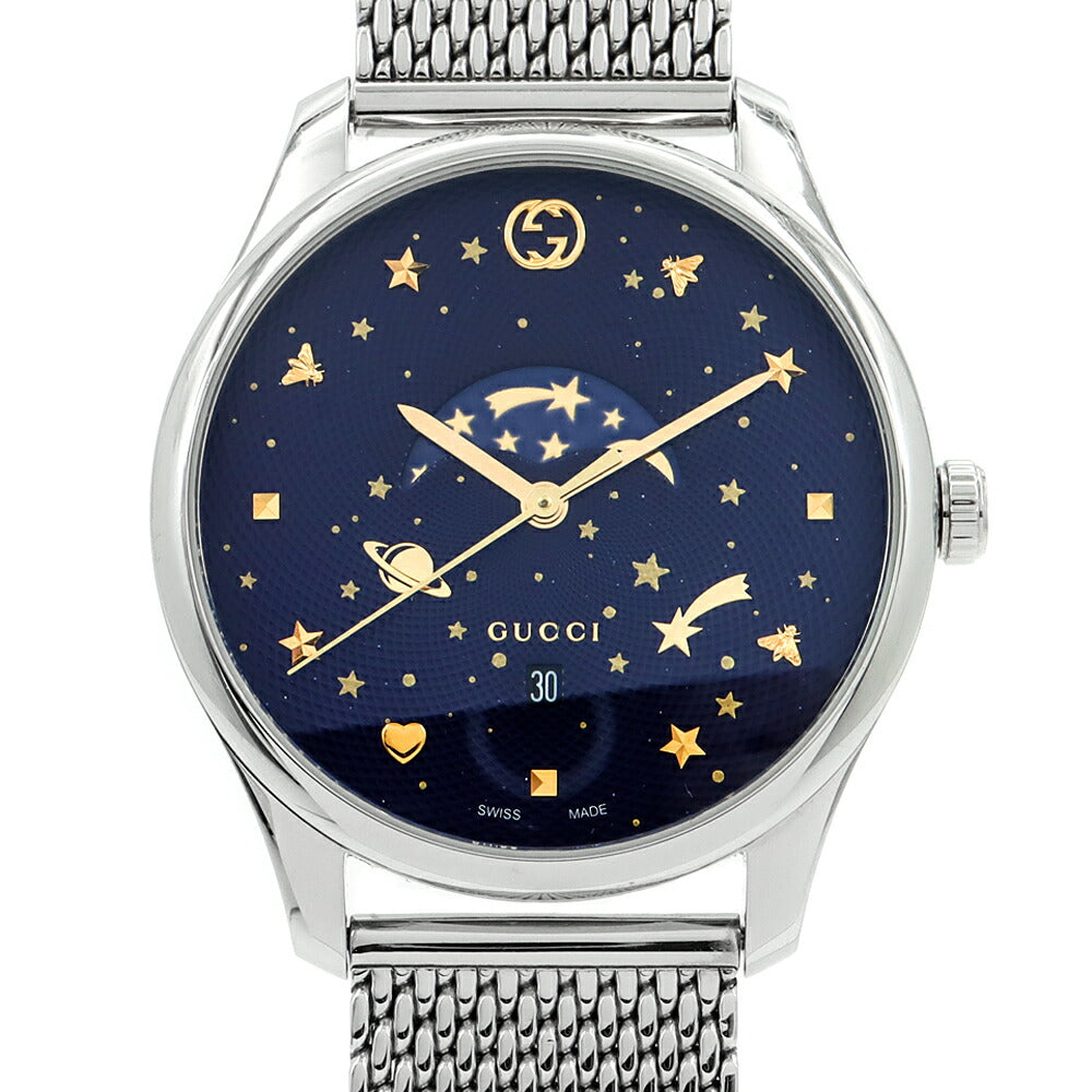 電池交換済 GUCCI グッチ Gタイムレス 126.3 50m防水 デイト ムーンフェイズ 青 ブルー ギョーシェ SS ステンレス メンズ クォーツ【6ヶ月保証】【腕時計】【中古】