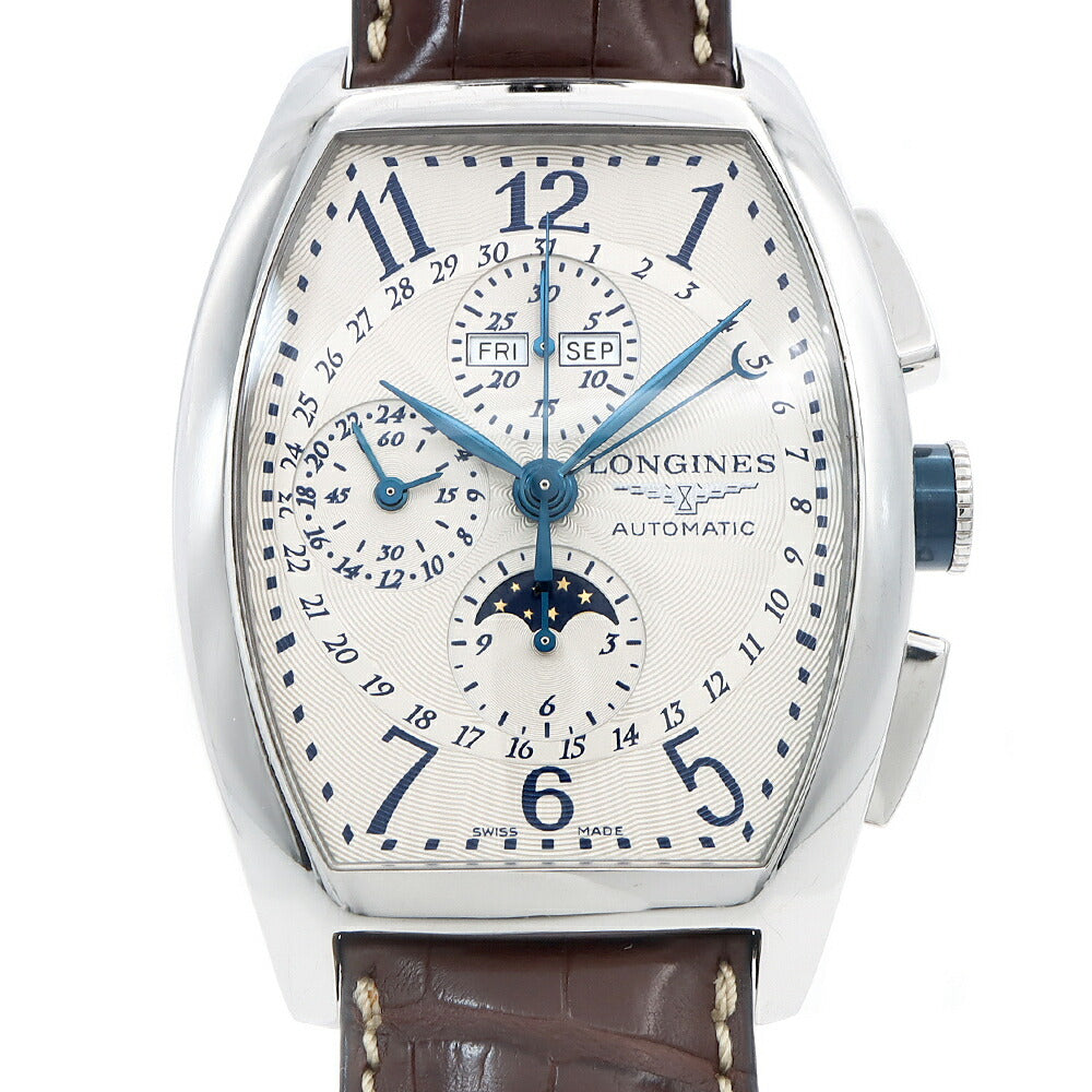 LONGINES ロンジン エヴィデンツァ クロノグラフ L2.688.4 ムーンフェイズ トリプルカレンダー 30m防水 シルバー SS ステンレス 純正ベルト 純正尾錠 メンズ 自動巻き【6ヶ月保証】【腕時計】【中古】