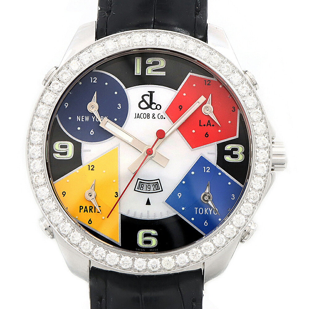 電池交換済 JACOB&Co. ジェイコブ Five Time Zone ファイブタイムゾーン ダイヤモンド ダイヤベゼル 100m防水 デイト マルチカラー ホワイトシェル SS ステンレス 純正ベルト 純正尾錠 メンズ クォーツ【6ヶ月保証】【腕時計】【中古】