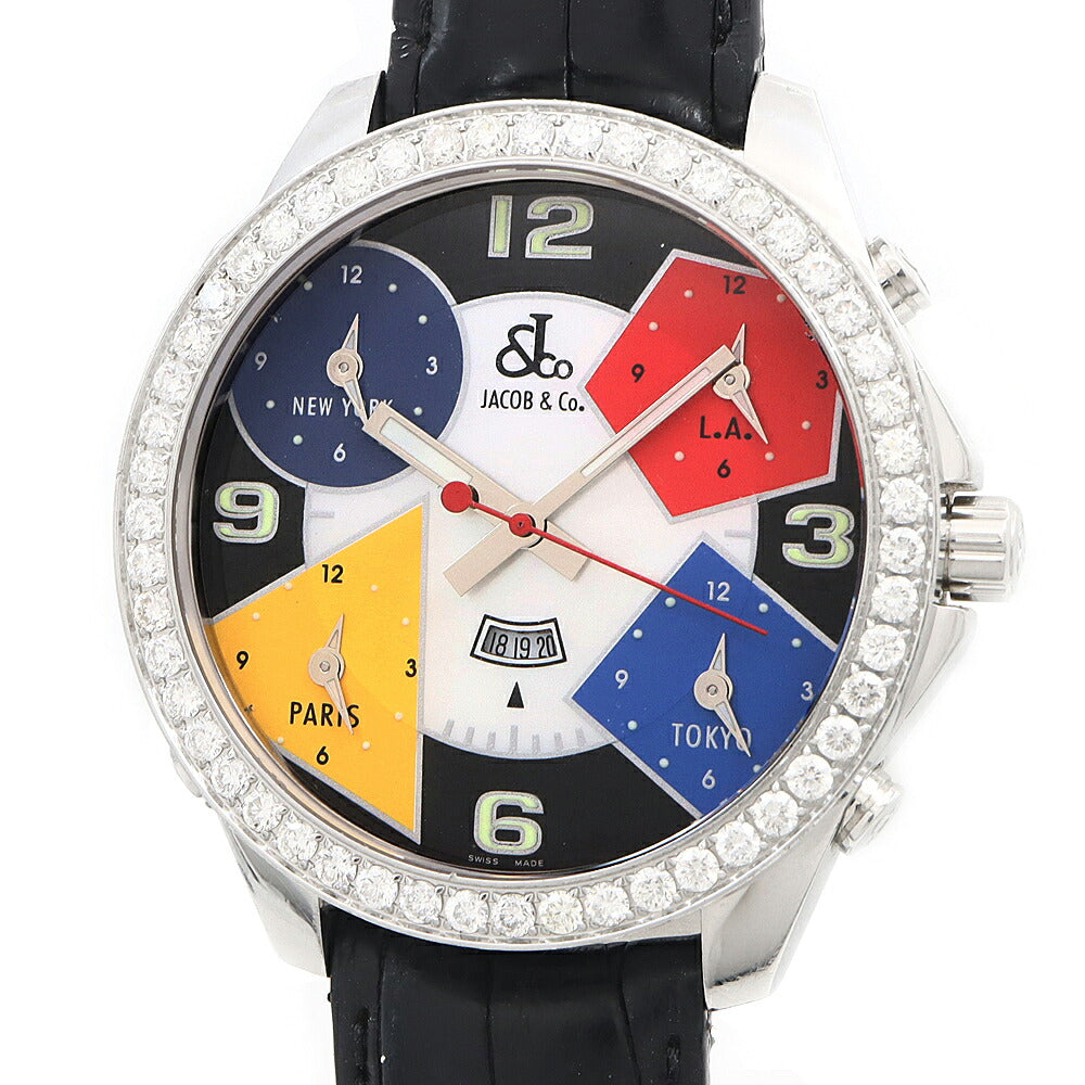 電池交換済 JACOB&Co. ジェイコブ Five Time Zone ファイブタイムゾーン ダイヤモンド ダイヤベゼル 100m防水 デイト マルチカラー ホワイトシェル SS ステンレス 純正ベルト 純正尾錠 メンズ クォーツ【6ヶ月保証】【腕時計】【中古】