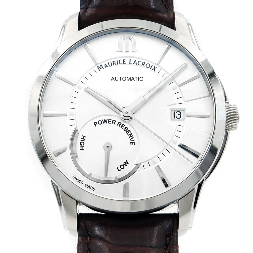 MAURICE LACROIX モーリスラクロア ポントス PT6368-SS001-130 デイト パワーリザーブ 100m防水 裏スケ シルバー SS ステンレス 純正ベルト 純正尾錠 メンズ 自動巻き【6ヶ月保証】【腕時計】【中古】
