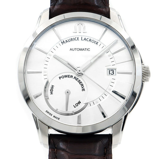 MAURICE LACROIX モーリスラクロア ポントス PT6368-SS001-130 デイト パワーリザーブ 100m防水 裏スケ シルバー SS ステンレス 純正ベルト 純正尾錠 メンズ 自動巻き【6ヶ月保証】【腕時計】【中古】