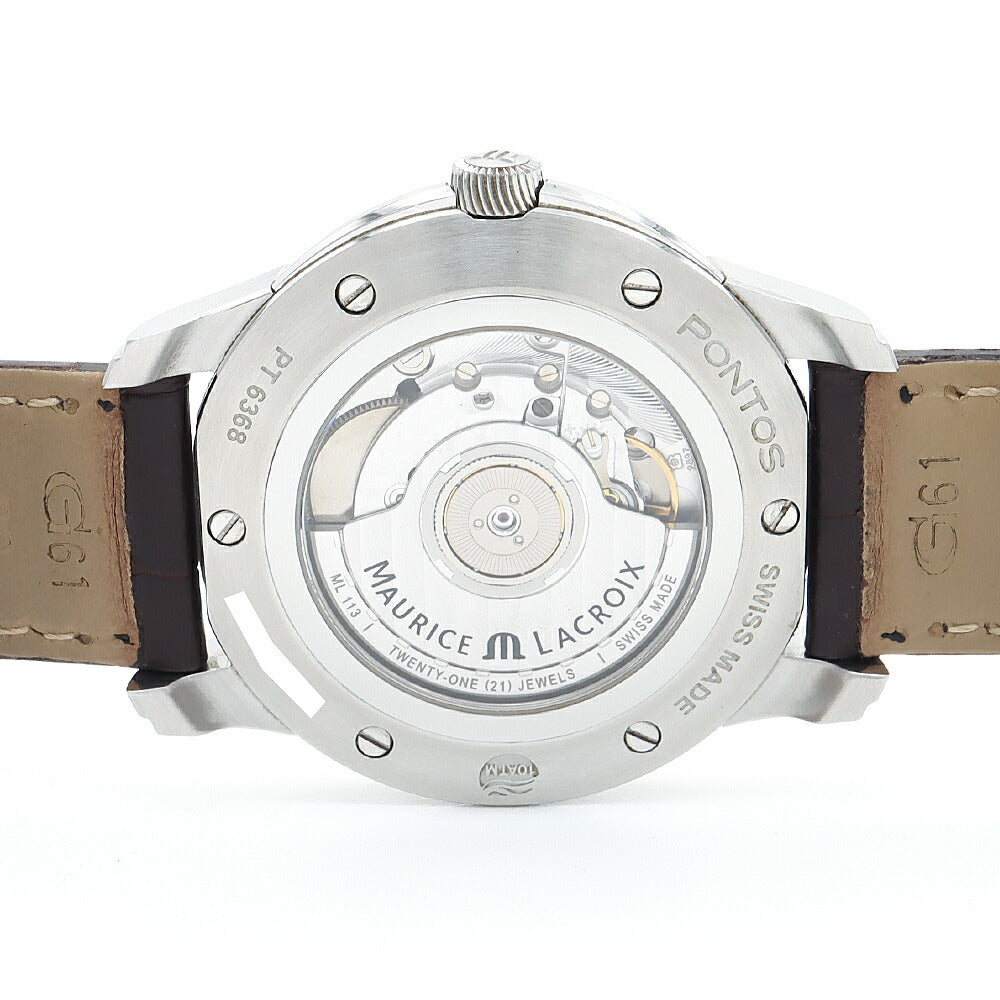 MAURICE LACROIX モーリスラクロア ポントス PT6368-SS001-130 デイト パワーリザーブ 100m防水 裏スケ シルバー SS ステンレス 純正ベルト 純正尾錠 メンズ 自動巻き【6ヶ月保証】【腕時計】【中古】