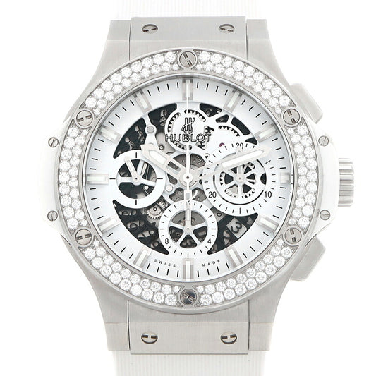 HUBLOT ウブロ ビッグバン アエロバン オールホワイト クロノグラフ 日本限定 311.SE.2010.RW.1104.JSM12 デイト 純正ダイヤベゼル ダイヤモンド スケルトン 白 ホワイト SS ステンレス 純正ベルト 純正尾錠 メンズ 自動巻き【6ヶ月保証】【腕時計】【中古】