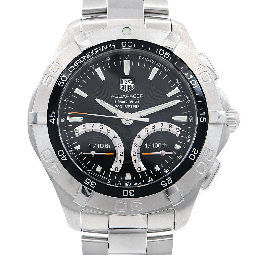 電池交換済 TAG Heuer タグホイヤー ニューアクアレーサー キャリバーS クロノグラフ CAF7010 300m防水 タキメーター 黒 ブラック SS ステンレス メンズ クォーツ【6ヶ月保証】【腕時計】【中古】