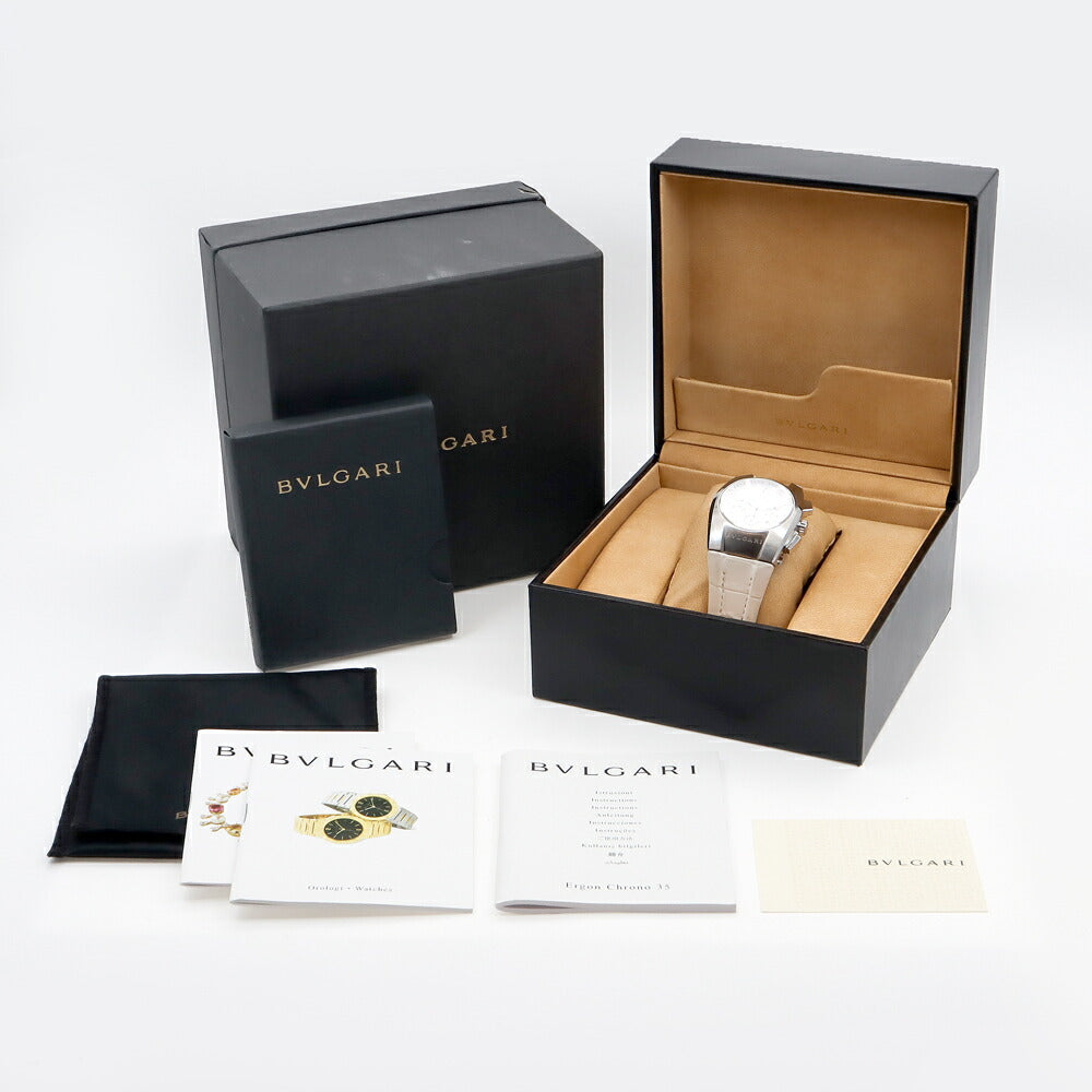 BVLGARI ブルガリ エルゴン クロノグラフ EG35SCH 21Pダイヤ ダイヤモンド デイト 白 ホワイトシェル SS ステンレス 純正ベルト 純正尾錠 メンズ レディース ボーイズ 自動巻き【6ヶ月保証】【腕時計】【中古】