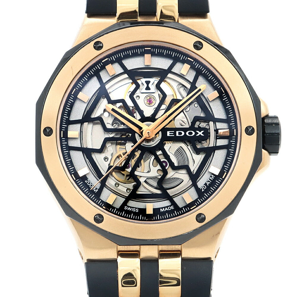 内部点検済 EDOX エドックス デルフィン メカノ オートマティック 85303-357RN-NRN 200m防水 スケルトン SS ステンレス ピンクゴールドPVD 純正ベルト 純正尾錠 メンズ 自動巻き【6ヶ月保証】【腕時計】【中古】