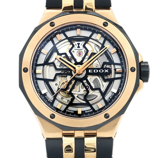 内部点検済 EDOX エドックス デルフィン メカノ オートマティック 85303-357RN-NRN 200m防水 スケルトン SS ステンレス ピンクゴールドPVD 純正ベルト 純正尾錠 メンズ 自動巻き【6ヶ月保証】【腕時計】【中古】