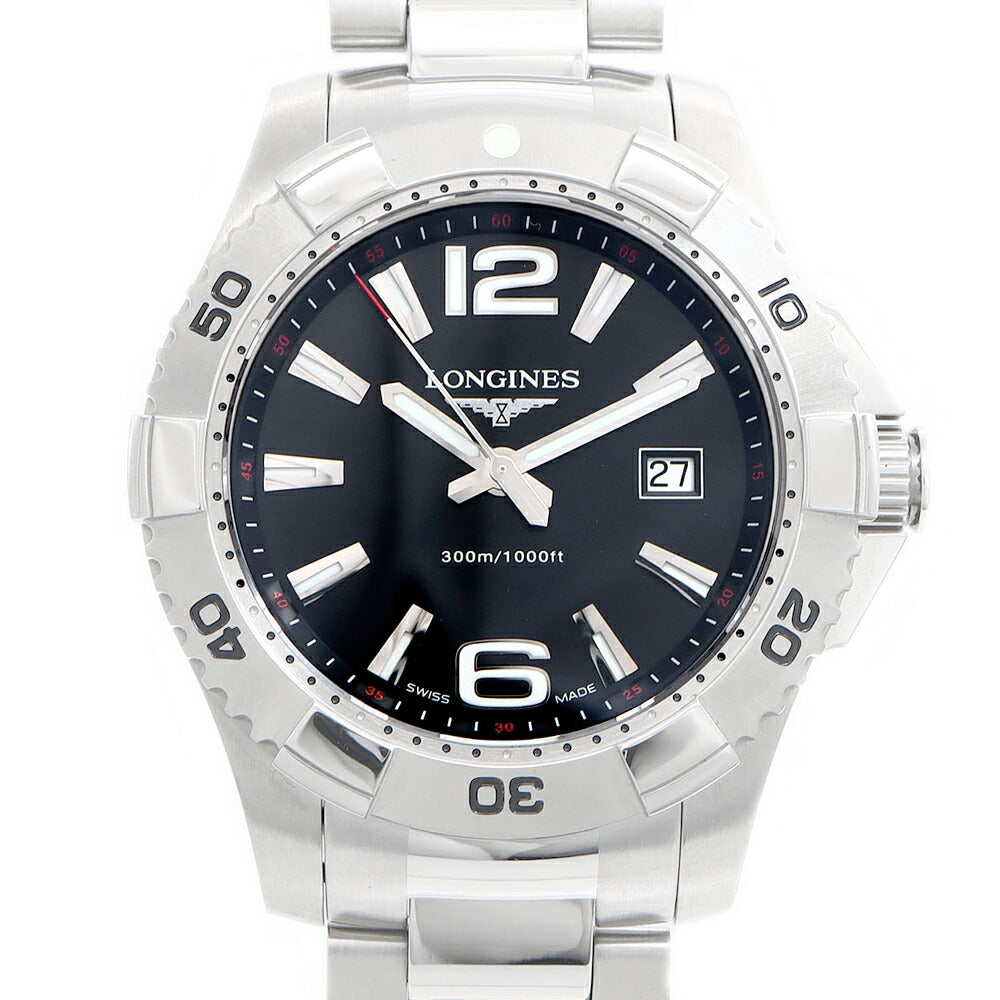 電池交換済 LONGINES ロンジン ハイドロ コンクエスト L3.647.4 デイト 300m防水 黒 ブラック SS ステンレス メンズ クォーツ 【6ヶ月保証】【腕時計】【中古】