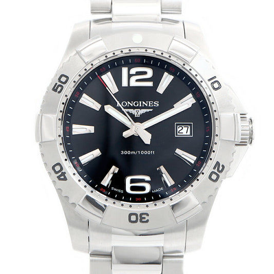 電池交換済 LONGINES ロンジン ハイドロ コンクエスト L3.647.4 デイト 300m防水 黒 ブラック SS ステンレス メンズ クォーツ 【6ヶ月保証】【腕時計】【中古】