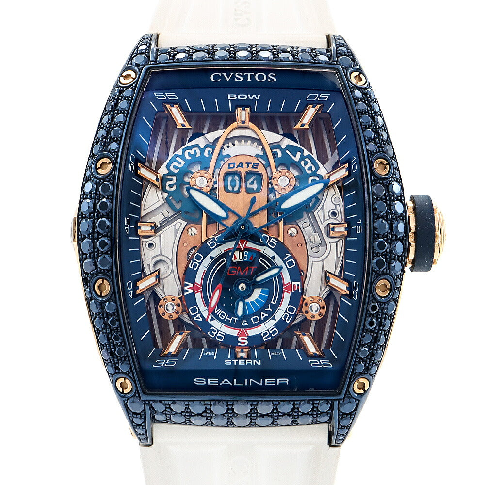 CVSTOS クストス チャレンジ シーライナー GMT デイト スケルトン 青 ブルー K18RG レッドゴールド SS ステンレス コンビ 純正ベルト 純正尾錠 メンズ 自動巻き【6ヶ月保証】【腕時計】【中古】