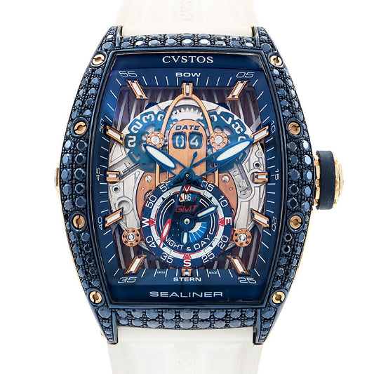 CVSTOS クストス チャレンジ シーライナー GMT デイト スケルトン 青 ブルー K18RG レッドゴールド SS ステンレス コンビ 純正ベルト 純正尾錠 メンズ 自動巻き【6ヶ月保証】【腕時計】【中古】