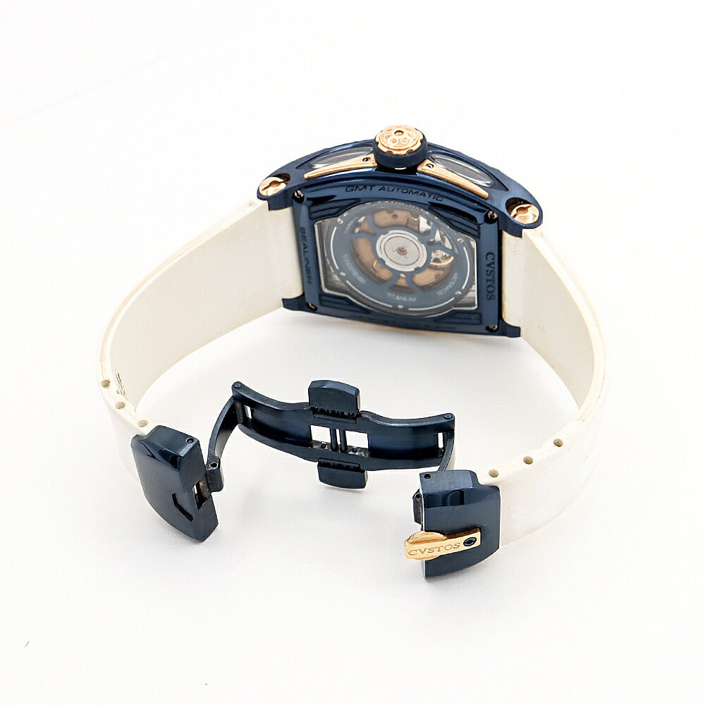 CVSTOS クストス チャレンジ シーライナー GMT デイト スケルトン 青 ブルー K18RG レッドゴールド SS ステンレス コンビ 純正ベルト 純正尾錠 メンズ 自動巻き【6ヶ月保証】【腕時計】【中古】