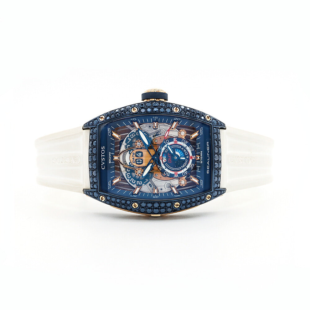 CVSTOS クストス チャレンジ シーライナー GMT デイト スケルトン 青 ブルー K18RG レッドゴールド SS ステンレス コンビ 純正ベルト 純正尾錠 メンズ 自動巻き【6ヶ月保証】【腕時計】【中古】