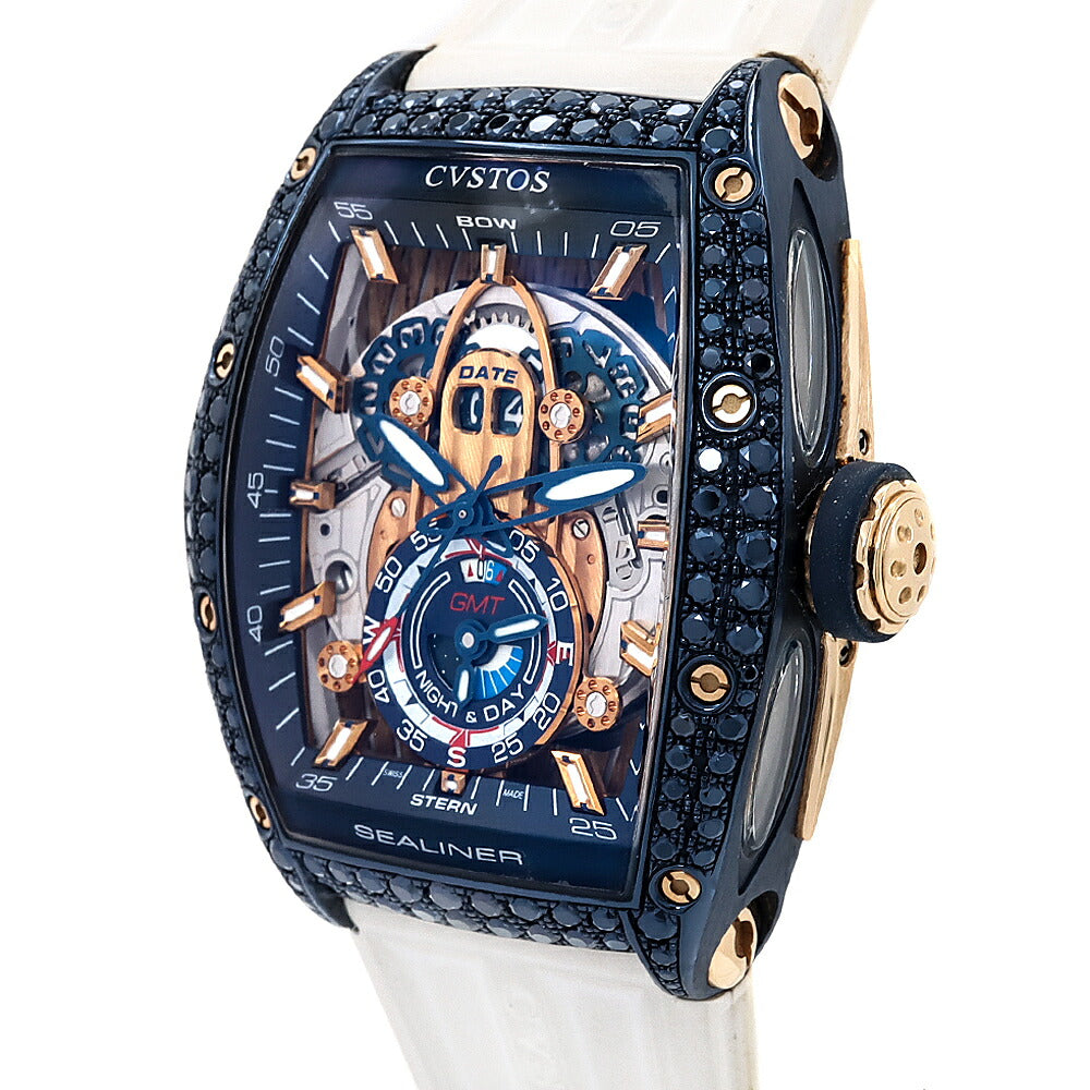 CVSTOS クストス チャレンジ シーライナー GMT デイト スケルトン 青 ブルー K18RG レッドゴールド SS ステンレス コンビ 純正ベルト 純正尾錠 メンズ 自動巻き【6ヶ月保証】【腕時計】【中古】