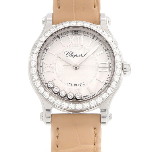 Chopard ショパール ハッピースポーツ ダイヤベゼル 278573-3003 純正ダイヤモンド 5Pムービングダイヤ 裏スケ シルバー ギョーシェ 純正ベルト 純正尾錠 SS ステンレス レディース 自動巻き【6ヶ月保証】【腕時計】【中古】