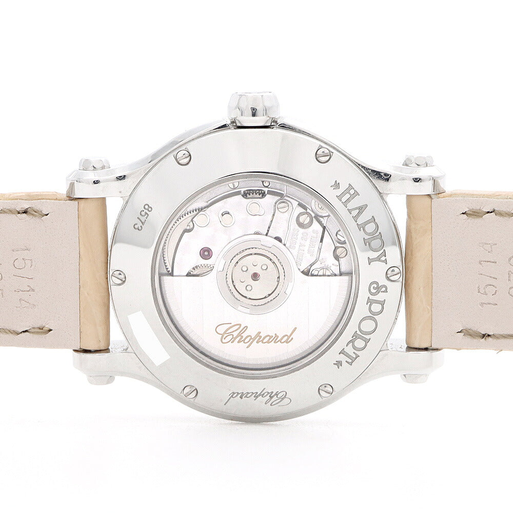 Chopard ショパール ハッピースポーツ ダイヤベゼル 278573-3003 純正ダイヤモンド 5Pムービングダイヤ 裏スケ シルバー ギョーシェ 純正ベルト 純正尾錠 SS ステンレス レディース 自動巻き【6ヶ月保証】【腕時計】【中古】