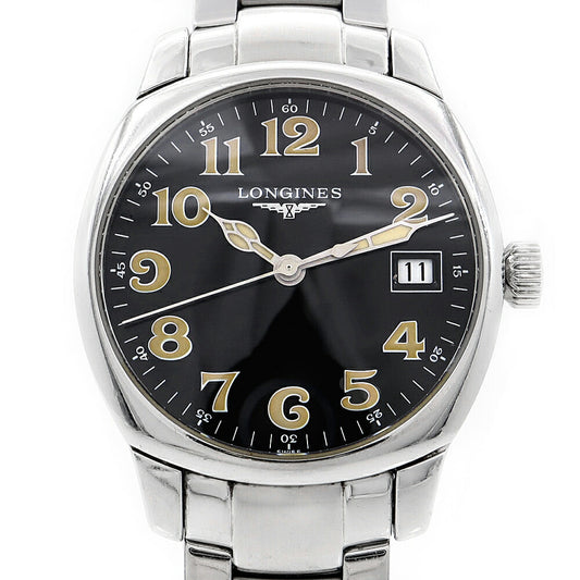 電池交換済 LONGINES ロンジン スピリット L2.198.4 デイト 30m防水 黒 ブラック SS ステンレス メンズ レディース ボーイズ クォーツ【6ヶ月保証】【腕時計】【中古】