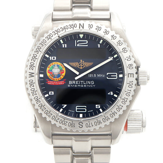 電池交換済 BREITLING ブライトリング エマージェンシー オービター 3 E56321 救難信号 デイデイト クロノグラフ 青 ブルー Ti チタン メンズ デジアナ クォーツ【6ヶ月保証】【腕時計】【中古】