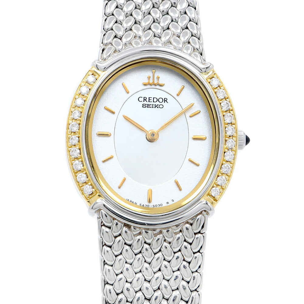 電池交換済 SEIKO セイコー クレドール ダイヤベゼル 5A70-3000 ダイヤモンド 白 ホワイトシェル K18YG イエローゴールド SS ステンレス コンビ レディース クォーツ【6ヶ月保証】【腕時計】【中古】