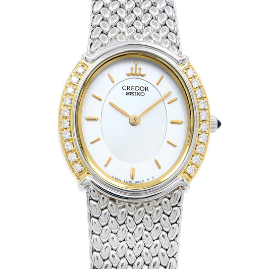 電池交換済 SEIKO セイコー クレドール ダイヤベゼル 5A70-3000 ダイヤモンド 白 ホワイトシェル K18YG イエローゴールド SS ステンレス コンビ レディース クォーツ【6ヶ月保証】【腕時計】【中古】