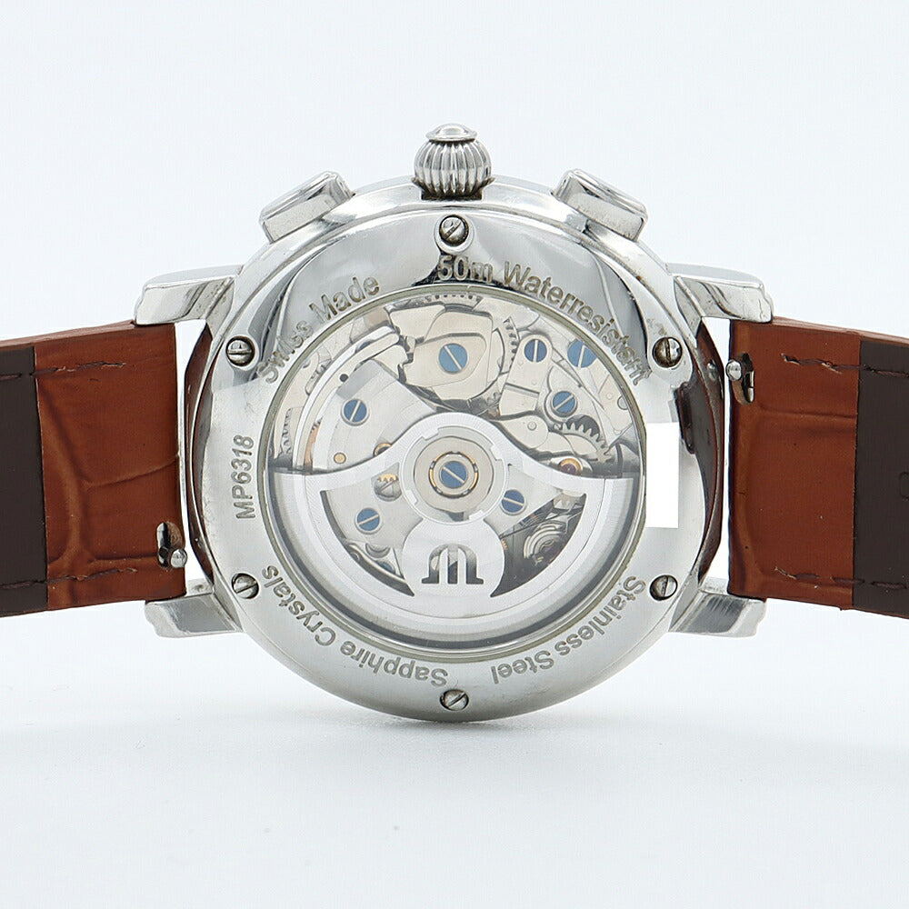 内部点検済 MAURICE LACROIX モーリスラクロア マスターピース クロノグラフ MP6318 デイデイト 50m防水 裏スケ シルバー SS ステンレス 純正尾錠 メンズ 自動巻き【6ヶ月保証】【腕時計】【中古】