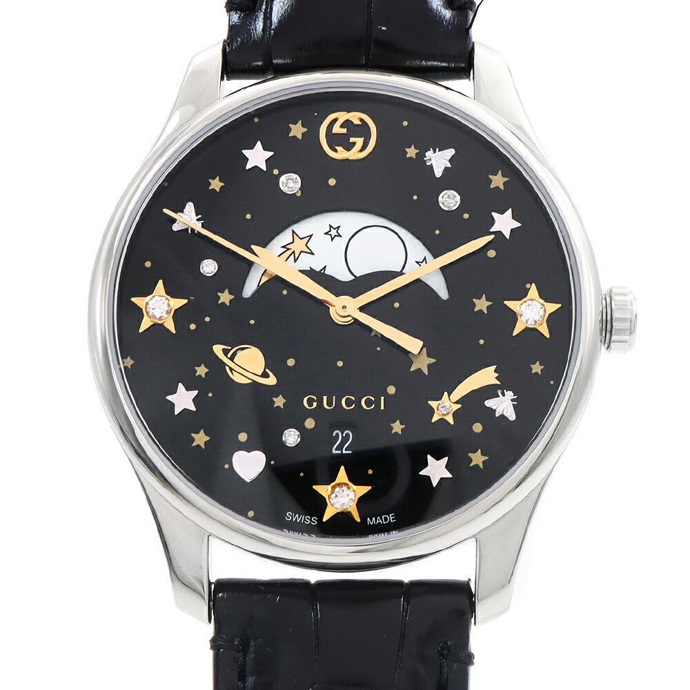 電池交換済 GUCCI グッチ Gタイムレス 126.4 ムーンフェイズ デイト 50m防水 黒 ブラック SS ステンレス 純正ベルト 純正尾錠 レディース クォーツ【6ヶ月保証】【腕時計】【中古】