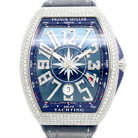 FRANCK MULLER フランクミュラー ヴァンガード ヨッティング ダイヤベゼル V41SCDT ダイヤモンド デイト 青 ブルー SS ステンレス 純正ベルト 純正バックル尾錠 アフターダイヤ メンズ 自動巻き【6ヶ月保証】【中古】【腕時計】