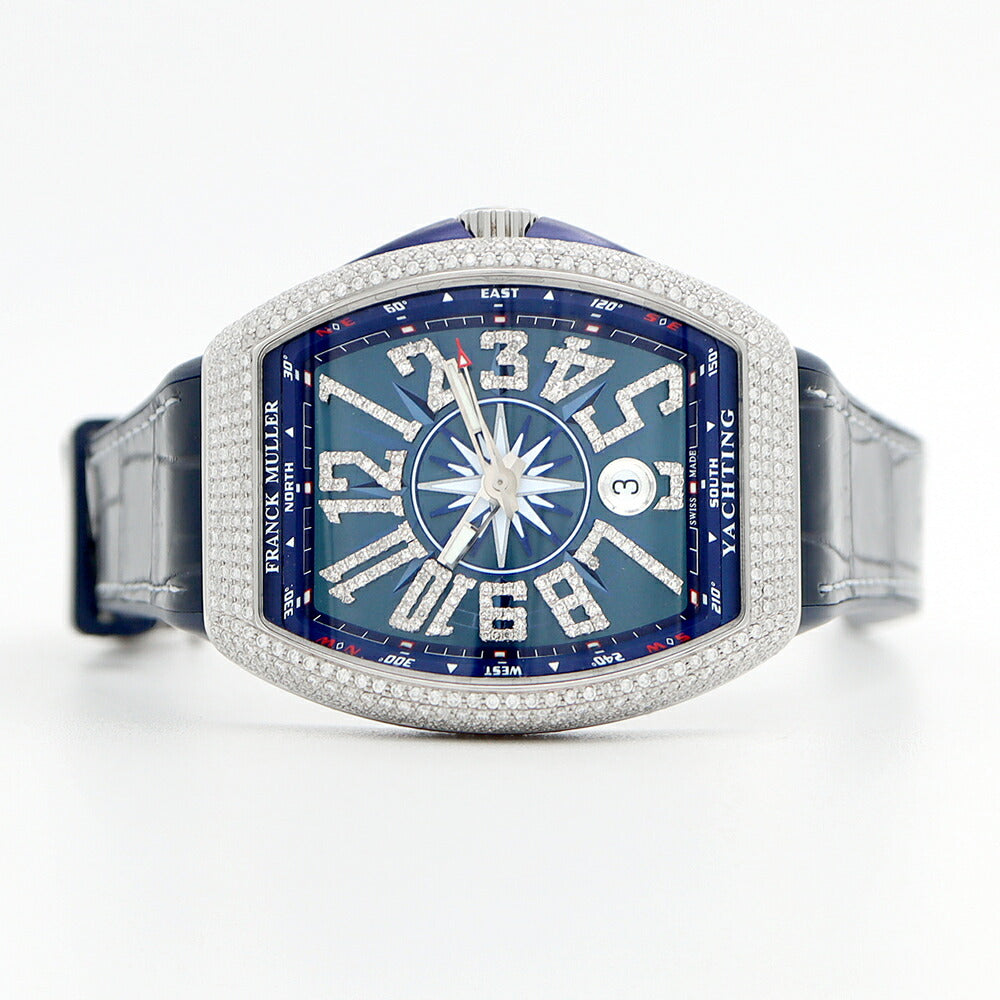 FRANCK MULLER フランクミュラー ヴァンガード ヨッティング ダイヤベゼル V41SCDT ダイヤモンド デイト 青 ブルー SS ステンレス 純正ベルト 純正バックル尾錠 アフターダイヤ メンズ 自動巻き【6ヶ月保証】【中古】【腕時計】