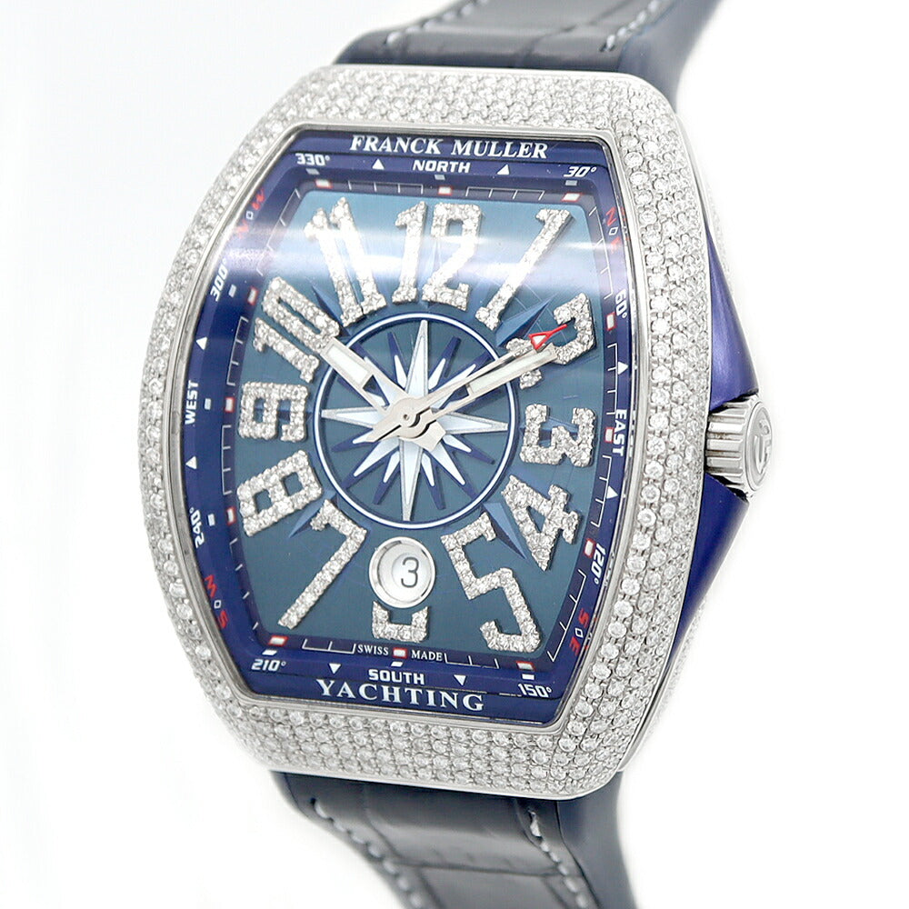 FRANCK MULLER フランクミュラー ヴァンガード ヨッティング ダイヤベゼル V41SCDT ダイヤモンド デイト 青 ブルー SS ステンレス 純正ベルト 純正バックル尾錠 アフターダイヤ メンズ 自動巻き【6ヶ月保証】【中古】【腕時計】