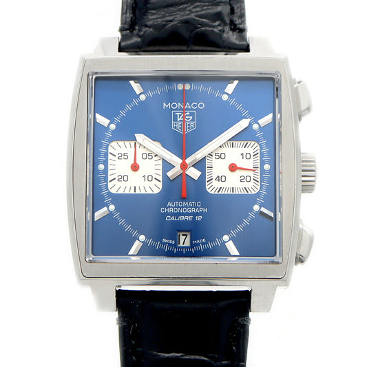 TAG Heuer タグホイヤー モナコ スティーブ マックイーン キャリバー12 クロノグラフ CAW2111 デイト スモールセコンド 裏スケ 100m防水 青 ブルー SS ステンレス 純正尾錠 メンズ 自動巻き【6ヶ月保証】【腕時計】【中古】