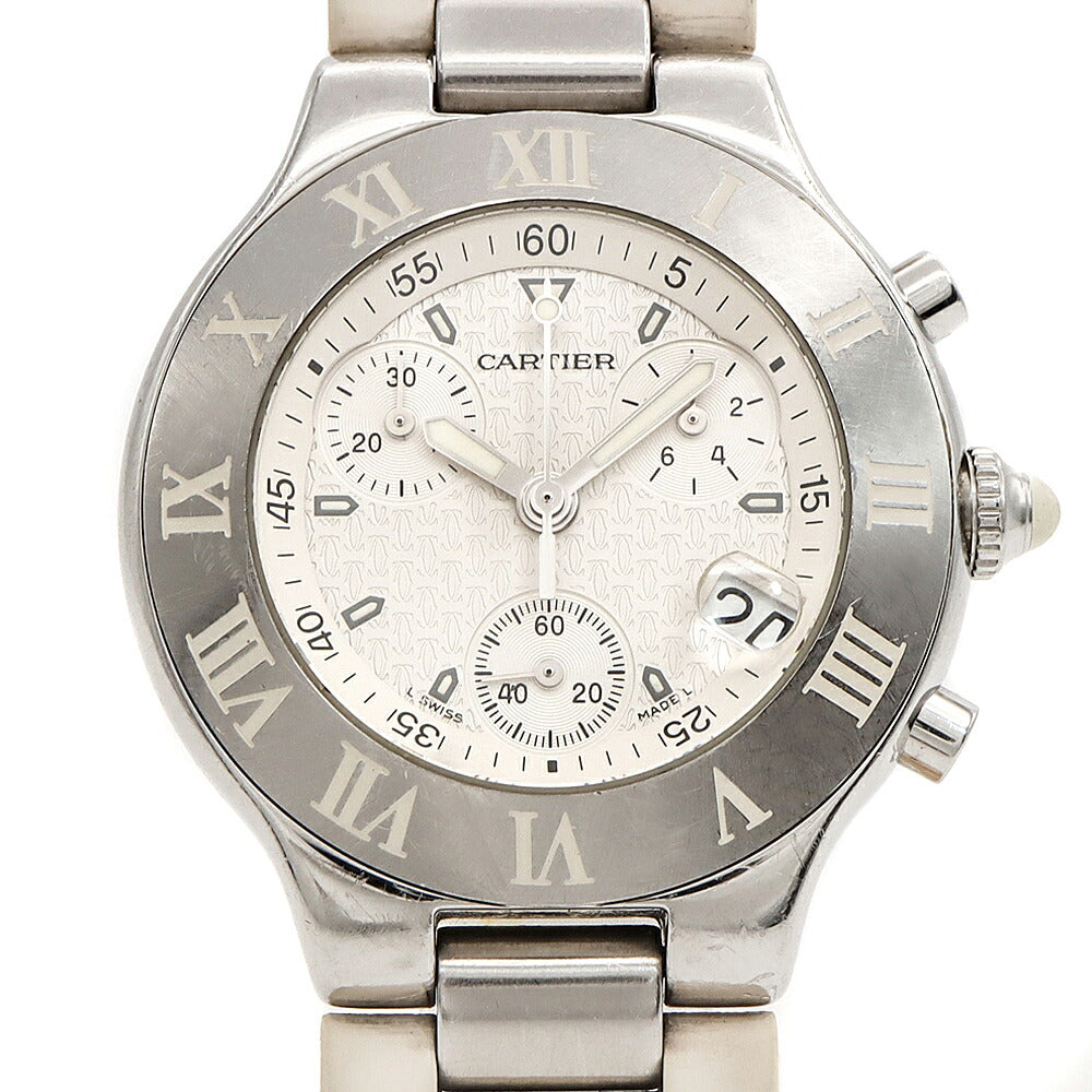 電池交換済 Cartier カルティエ マスト21 クロノスカフ W10184U2 100m防水 クロノグラフ デイト 白 ホワイト SS ステンレス メンズ クォーツ【6ヶ月保証】【腕時計】【中古】