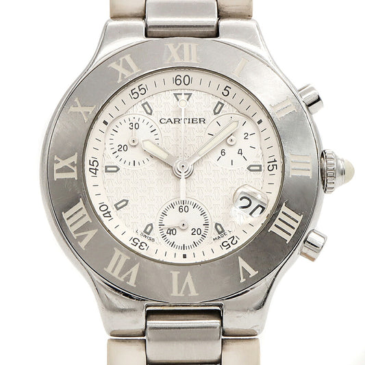 電池交換済 Cartier カルティエ マスト21 クロノスカフ W10184U2 100m防水 クロノグラフ デイト 白 ホワイト SS ステンレス メンズ クォーツ【6ヶ月保証】【腕時計】【中古】